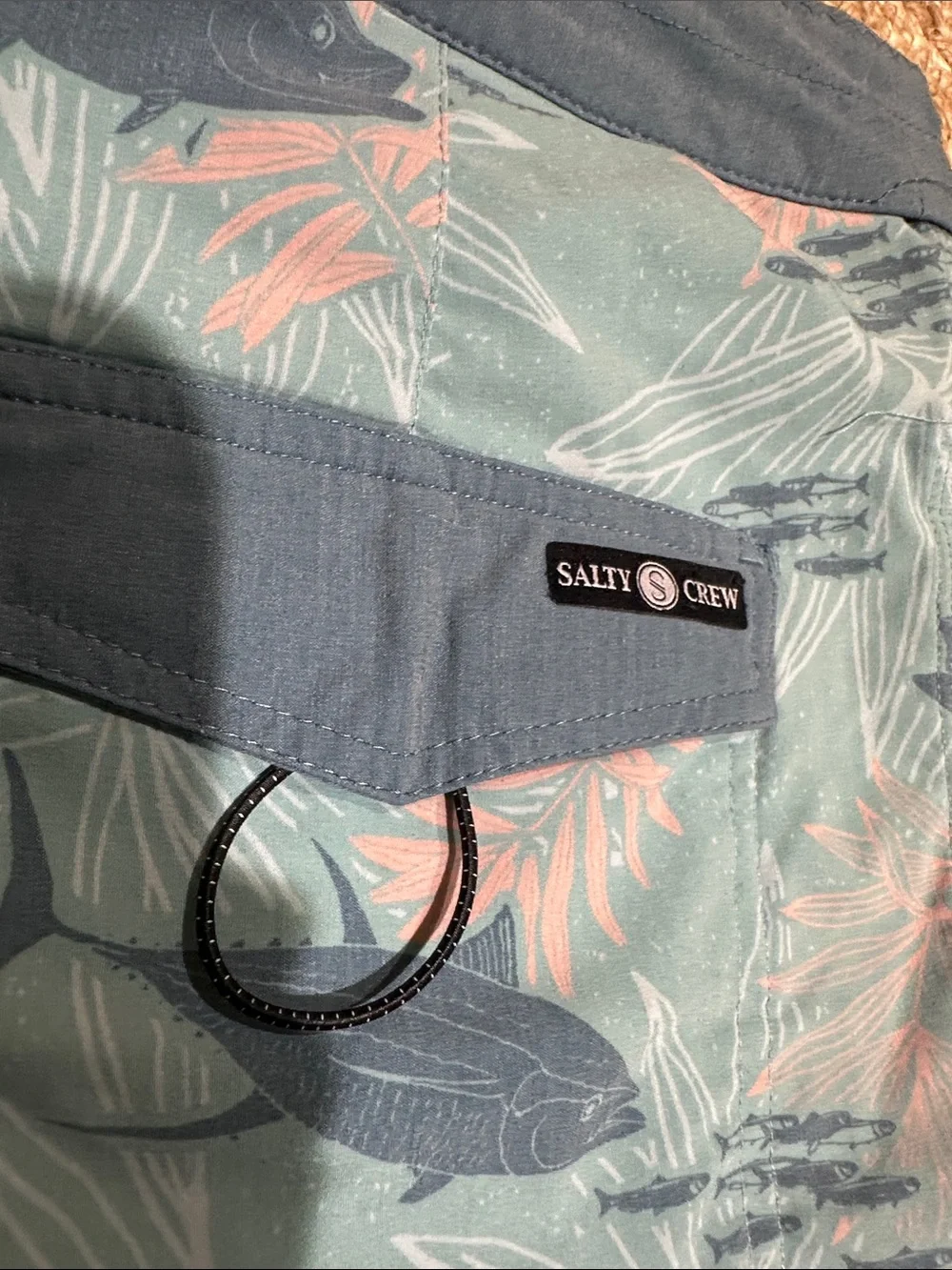 Men's Salty Crew Blue Tropical Panel Swim Shorts Sz 34, 7 inch inseam